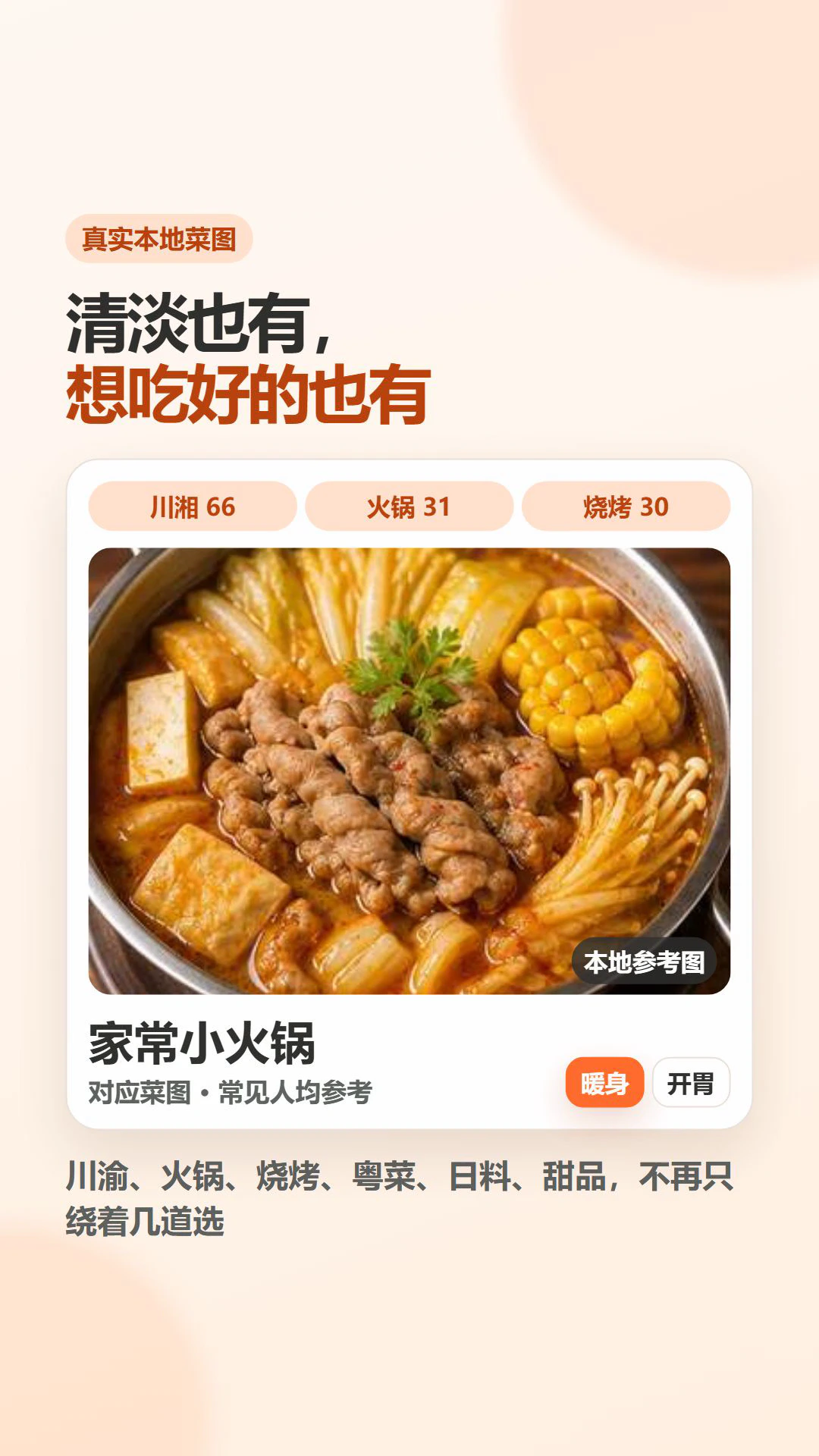 今天吃啥 1080p 产品动效演示画面，展示真实本地菜图与候选分类